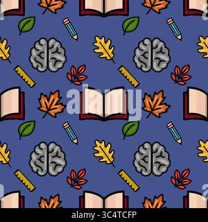 Seamless vector pattern featuring a playful autumnal design with brains, open books, pencils, rulers, and colorful leaves, perfect for educational or Stock Vector