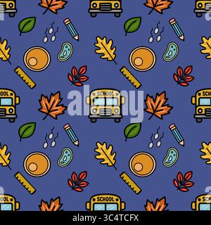 A charming vector seamless pattern featuring a school bus, autumn leaves, pencils, rulers, and petri dishes on a deep blue background, ideal for educa Stock Vector