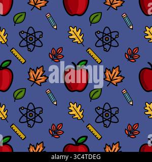 A vibrant vector seamless pattern featuring red apples, autumn leaves, pencils, rulers, and atom symbols on a deep blue background, ideal for back-to- Stock Vector