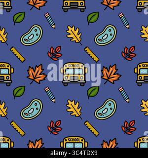Delightful vector seamless pattern featuring a school bus, autumn leaves, pencils, rulers, and cell diagrams, creating a vibrant back-to-school design Stock Vector