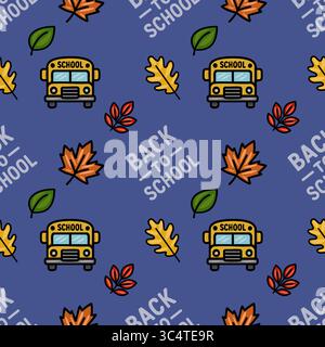 A charming vector seamless pattern featuring a school bus, autumn leaves, and "Back to School" text, perfect for educational projects and fall-themed Stock Vector