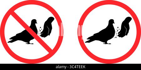 Not feed pigeons. Dont feeding pigeon, prohibited signage hand with bird food sign birds silhouette park rules ban attention pictogram placard vector illustration original artwork Stock Vector
