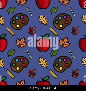 This vibrant vector seamless pattern features a playful back-to-school design, incorporating red apples, autumn leaves, artist palettes, pencils, and Stock Vector