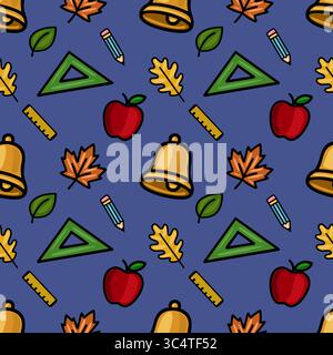 A charming vector seamless pattern featuring a playful mix of school supplies, autumn leaves, and ripe apples on a deep blue background, perfect for e Stock Vector