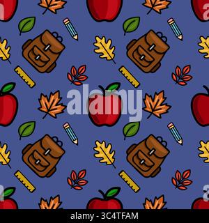 A charming vector seamless pattern featuring brown backpacks, red apples, autumn leaves, pencils, and rulers on a deep blue background, perfect for ba Stock Vector