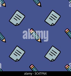 Seamless vector pattern featuring a playful design of teal pencils and light-blue papers on a deep indigo background, creating a vibrant and cheerful Stock Vector