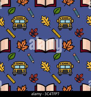 A charming vector seamless pattern featuring a school bus, open books, autumn leaves, pencils, and rulers, creating a playful back-to-school design on Stock Vector