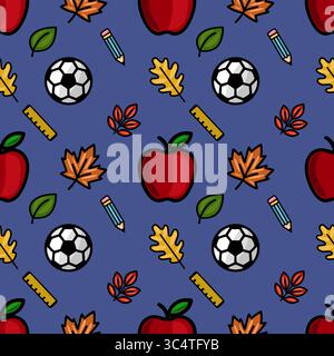 Vector seamless pattern featuring a playful back-to-school design with red apples, soccer balls, autumn leaves, pencils, and rulers on a deep blue bac Stock Vector