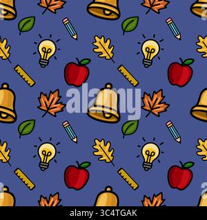 Vibrant vector seamless pattern featuring school supplies, autumn leaves, and apples on a deep blue background, ideal for educational designs and back Stock Vector