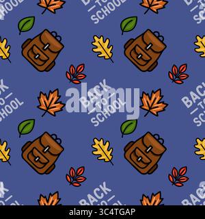 A charming vector seamless pattern featuring brown backpacks, autumn leaves (maple, oak, and berry branches), and the phrase "Back to School" on a dee Stock Vector