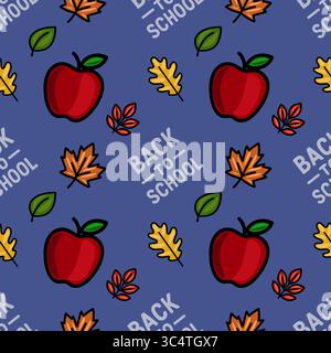 A vibrant vector seamless pattern featuring red apples, autumn leaves, and the phrase "Back to School," perfect for educational projects and fall-them Stock Vector