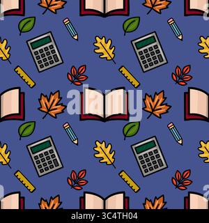 A charming vector seamless pattern featuring autumn leaves, school supplies like calculators, pencils, rulers, and open books, creating a playful back Stock Vector
