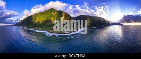 Madeira island nature scenery. Aerial drone panorama of Sao Vicente village over sunset in norther coast. Portugal travel Stock Photo