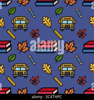 Delightful vector seamless pattern featuring a school bus, books, pencils, rulers, and autumn leaves on a deep blue background, perfect for back-to-sc Stock Vector
