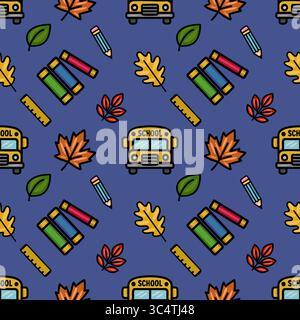 Vibrant vector seamless pattern featuring a playful back-to-school design with yellow school buses, colorful pencils, stacks of books, and autumn leav Stock Vector