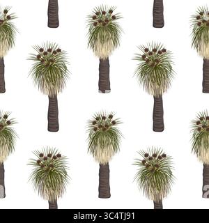 Kingia australis tree seamless pattern. The Bullanock Grass tree in blossom, native Australian endemic flora background. Vector illustration. Stock Vector