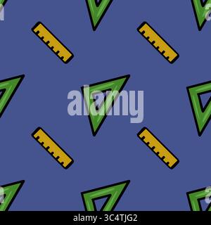 A playful vector seamless pattern featuring a repeating motif of yellow rulers and green set squares on a deep blue background, creating a vibrant and Stock Vector