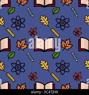 A charming vector seamless pattern featuring autumn leaves, open books, pencils, rulers, and atom symbols, creating a playful back-to-school design on Stock Vector