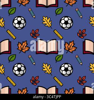This vibrant vector seamless pattern features a playful mix of autumn leaves, school supplies like pencils and rulers, and soccer balls, creating a ch Stock Vector