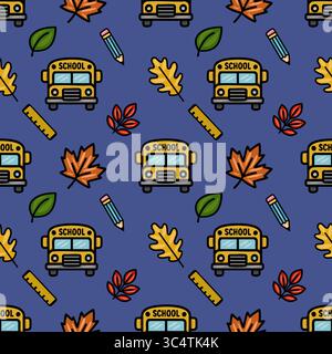 Vector seamless pattern featuring a cheerful back-to-school design with yellow school buses, autumn leaves in warm tones, pencils, and rulers on a dee Stock Vector