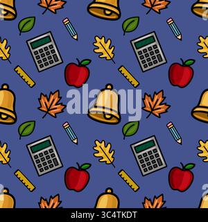 A vibrant vector seamless pattern featuring a playful mix of school supplies, autumn leaves, and a school bell, creating a cheerful back-to-school des Stock Vector