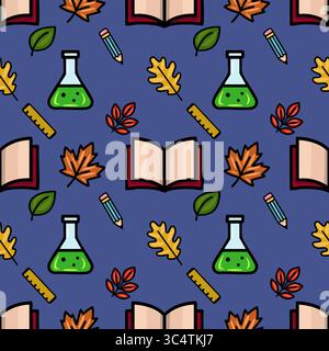 A whimsical vector seamless pattern featuring autumn leaves, open books, pencils, beakers, and rulers, creating a playful back-to-school design perfec Stock Vector