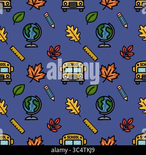 Delightful vector seamless pattern featuring a school bus, globe, pencils, rulers, and autumn leaves on a deep purple background, ideal for back-to-sc Stock Vector