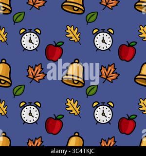 A charming vector seamless pattern featuring autumnal leaves, school bells, alarm clocks, and red apples on a deep blue background, ideal for back-to- Stock Vector