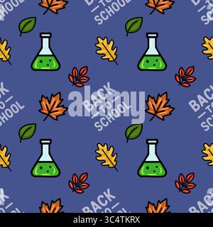 A charming vector seamless pattern featuring a playful mix of autumn leaves, science beakers, and the phrase "Back to School," perfect for educational Stock Vector