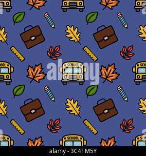 Delightful vector seamless pattern featuring a playful mix of autumn leaves, school bus, briefcase, pencil, and ruler, perfect for back-to-school desi Stock Vector