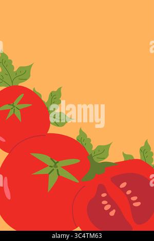 Ripe red tomatoes with green leaves on an orange background. Fresh vegetable border design in vertical format with space for text. Concept of healthy Stock Vector