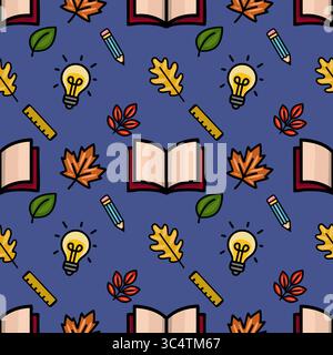 This vector seamless pattern features a playful autumnal design with open books, pencils, lightbulbs, and colorful leaves on a deep blue background, p Stock Vector