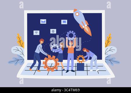 Team collaboration for startup launch, innovation and project development - modern design. Flat vector illustration of startup setup - people working Stock Vector