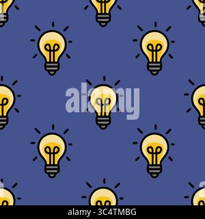 This vector seamless pattern features a playful arrangement of illuminated light bulbs on a deep blue background, creating a vibrant and energetic des Stock Vector