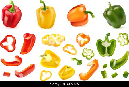 Realistic bell pepper. 3d peppers red green yellow paprika isolated ripe sweet vegetable slice veggie food peper farm vegetables capsicum set, isolated exact vector illustration original artwork Stock Vector