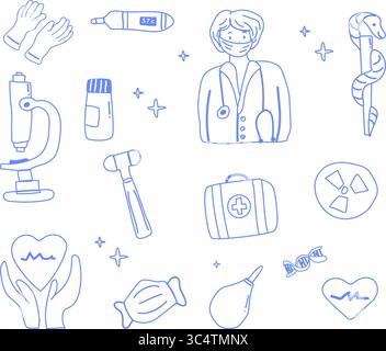 Blue outline vector set with microscope, enema bulb, medicine bottle, reflex hammer, first aid kit, heartbeat icon, DNA, X-ray, caduceus, thermometer, Stock Vector