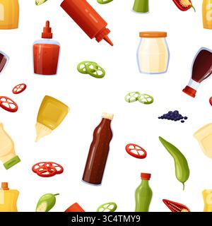 Sauce bottles seamless pattern. Peppers spices and sauces. Ketchup mayonnaise mustard soy. Food topping print design, tasty vector background Stock Vector
