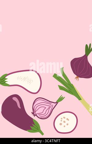 Colorful vegetables on pink background with eggplant, onion, leek. Vegetable border in vertical background Stock Vector
