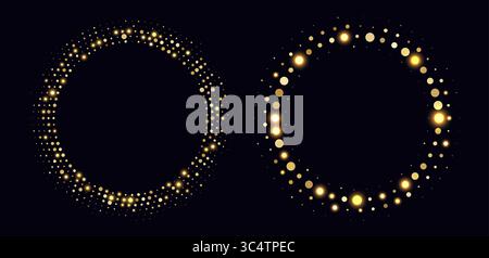 Golden halftone frames, glowing circle borders, round pattern with dots, radial disco luxury design element. Stock Vector