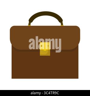 Brown Leather Briefcase with Golden Lock Vector Illustration. A classic brown leather briefcase with a rounded flap and sturdy dark handle. Stock Vector
