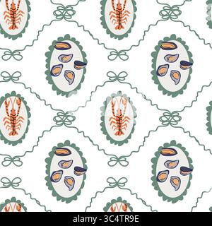 Nautical themed lobster and mussel pattern with marine motifs. Stock Vector