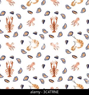Colorful seafood pattern with lobsters, shrimp, octopus, and mussels on white background. Stock Vector