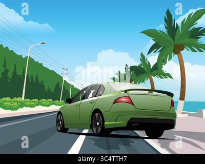 Rear View of a Modern Car Parked on Beachside Road with Ocean and Sunset in Background Vector Illustration Stock Vector