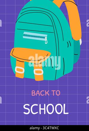 Colorful backpack on purple grid with back to school text. Vertical back-to-school poster. Ideal for school promotions, seasonal sales, and classroom Stock Vector