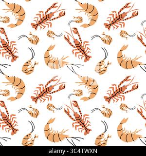 Seamless pattern of shrimp and lobster illustrations on white background. Stock Vector
