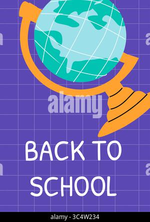 Back to school globe on purple grid background. Educational vertical poster featuring books, pencils, and vibrant school items. Ideal for school promo Stock Vector