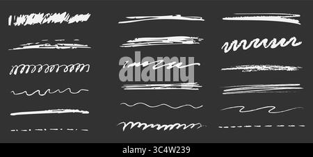 Chalk underline on blackboard line stroke, scribble hand drawn sketch texture. Doodle white crayon on black background. School marks, grunge set border free hand design elements. Vector illustration Stock Vector