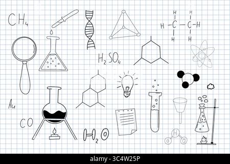 Chemistry research hand drawn sketch doodle line icons. Flasks and tubes back to school elements. Education science lab drawing. Vector illustration Stock Vector