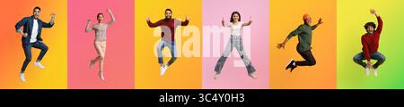 Diverse individuals express joy and energy in vibrant color collage Stock Photo