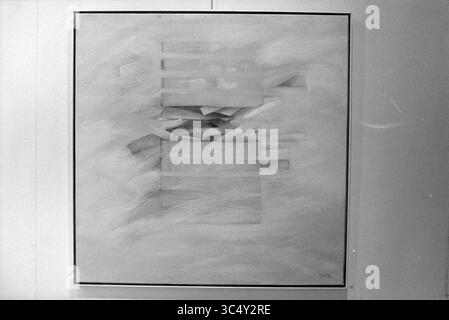 Gallery K2001, work by M. Pisam, Beinsdorp, 20-05-1996 Whizgle News, Dutch Desk, The Netherlands, 1950-2000 An abstract composition featuring layered geometric shapes, blending soft edges and subtle contrasts to create a sense of depth and movement. The use of muted tones adds to the overall ethereal quality of the artwork. Stock Photo